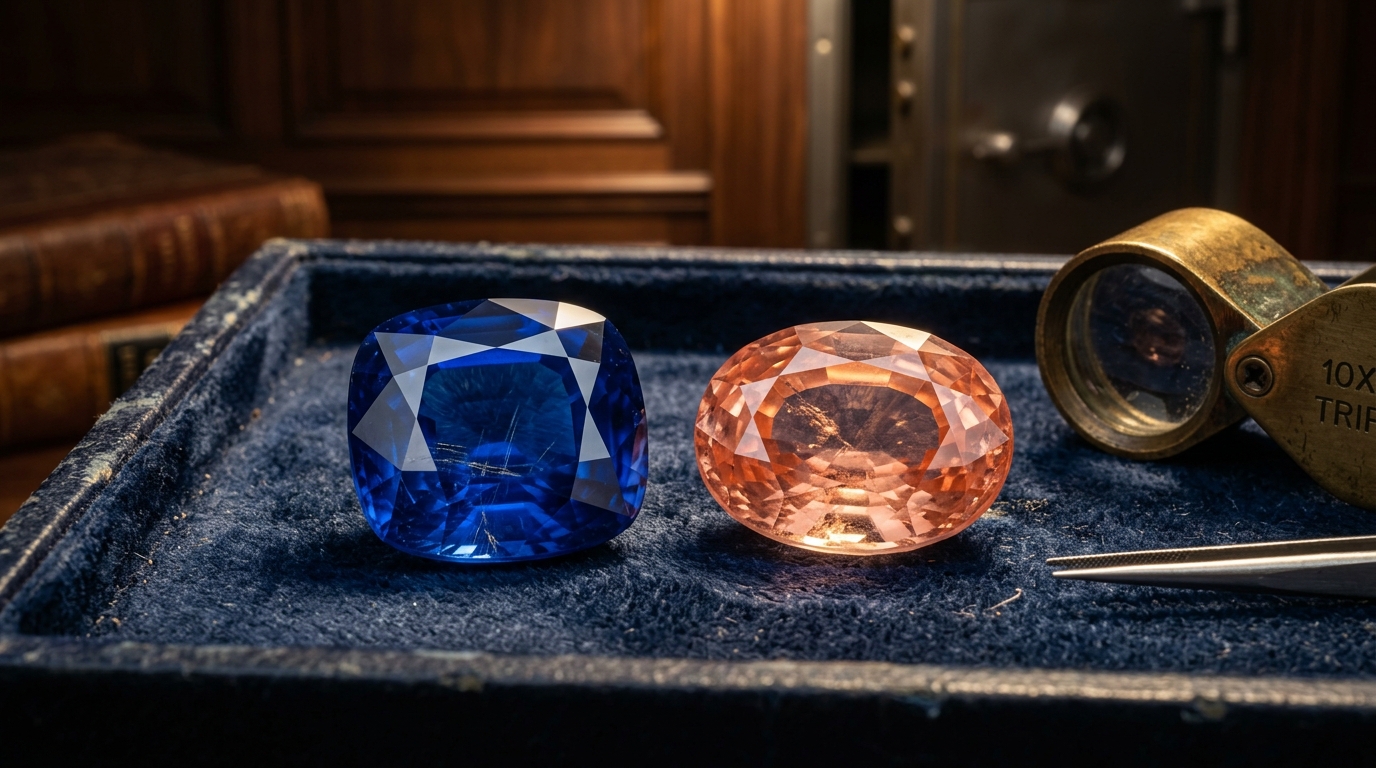 Gempire Master Vault — Unheated royal blue sapphire and padparadscha on antique velvet inspection tray with brass gemologist loupe